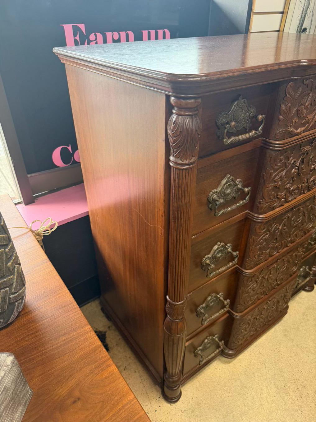 VINTAGE Wood Carved Ornate 5 Drawer Chest