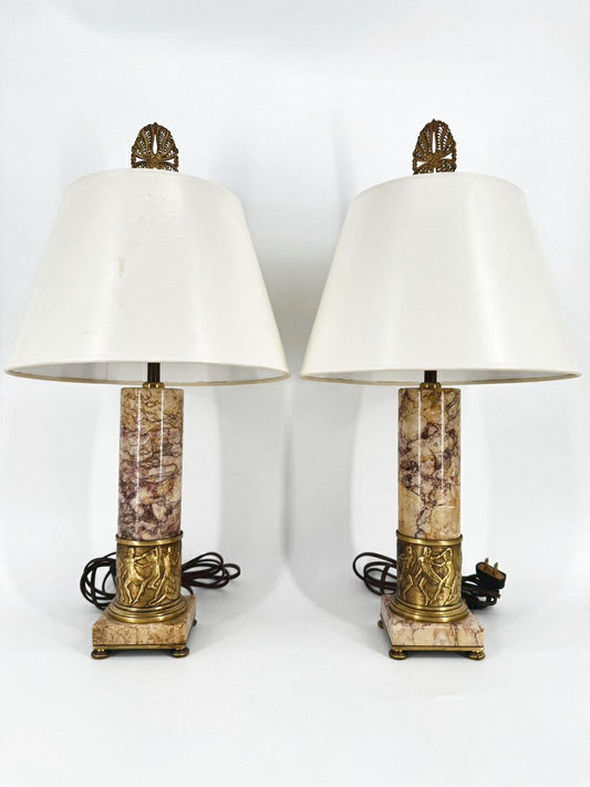 Cream & Pink Marble & Brass Trim Neoclassical Gladiators Pair of Lamps