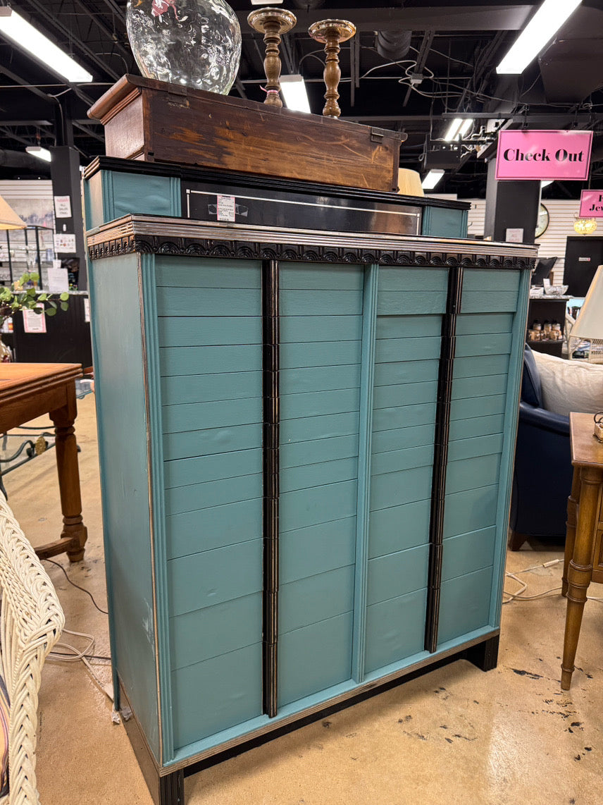 VINTAGE Turquoise & Black Painted Wood Art Deco Dental Detail Cabinet