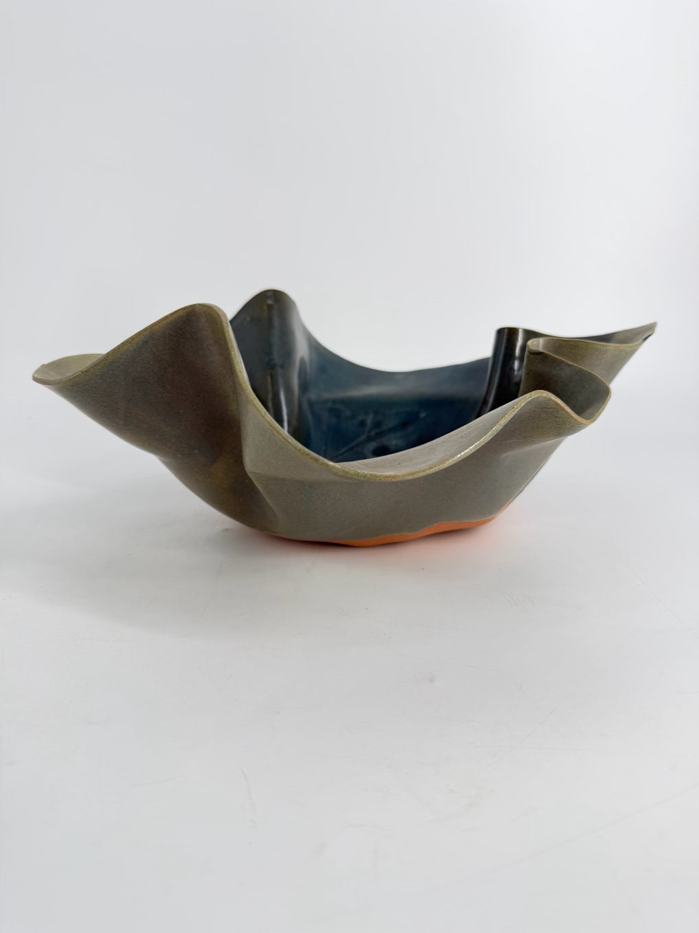 SIGNED Green & Blue Pottery Large Leaf Bowl