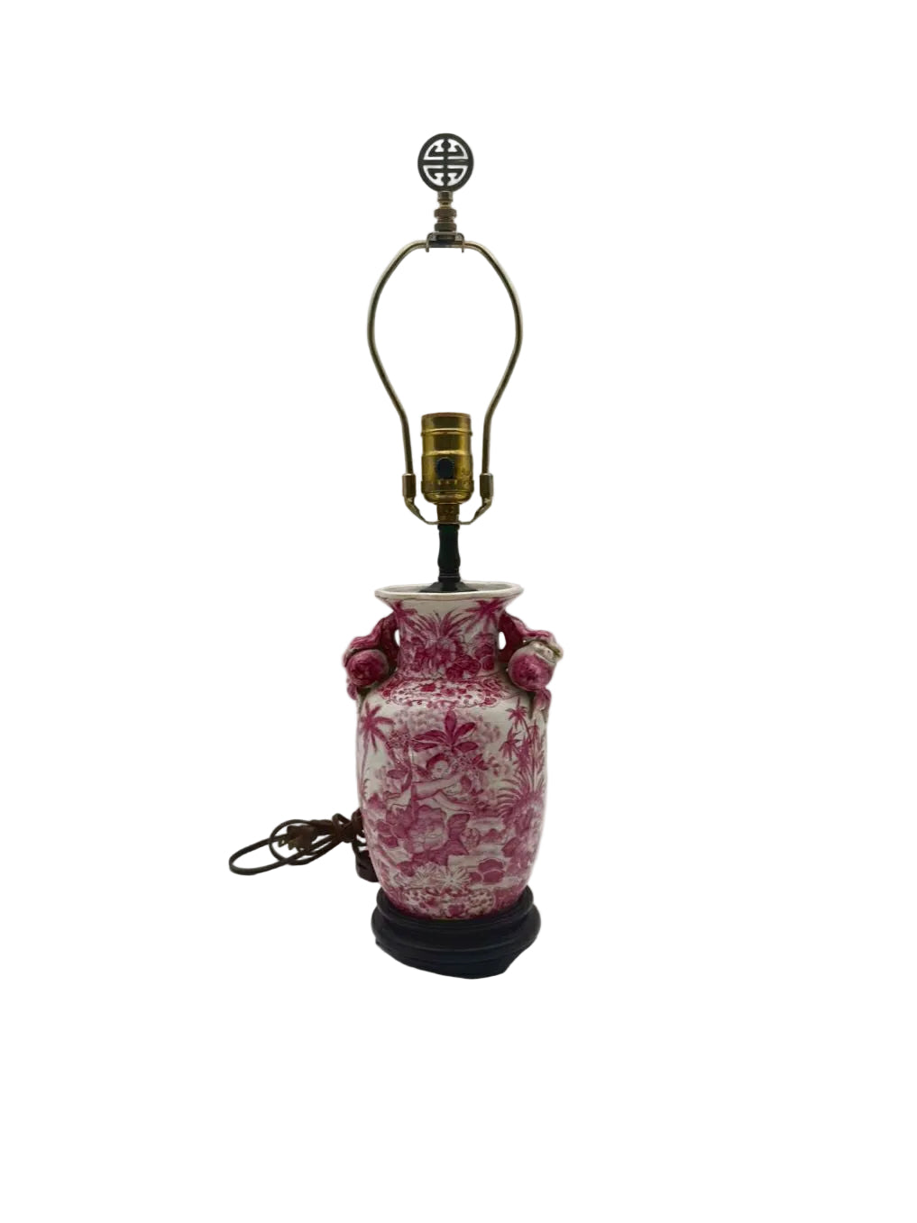 Pink & White Chinoiserie Porcelain Jar Lamp On Brown Wooden Base
