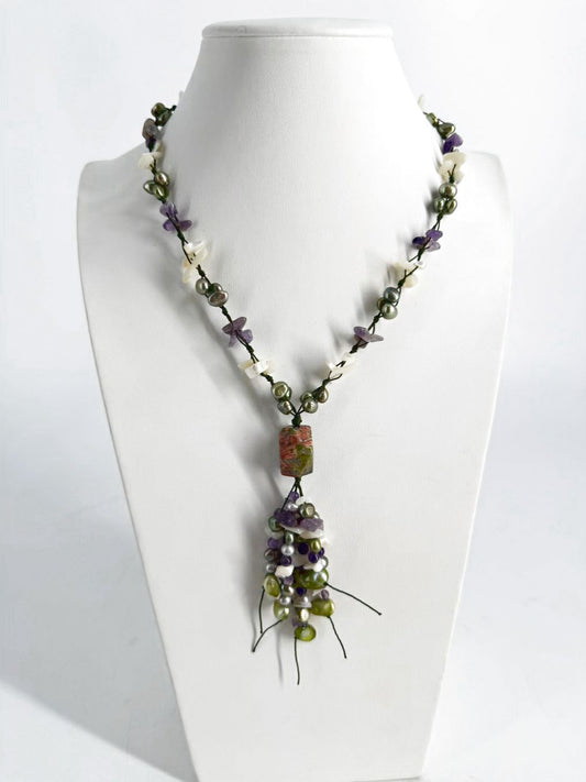 Multi Colored Jasper, Amethyst, Pearl & Shell  Necklace