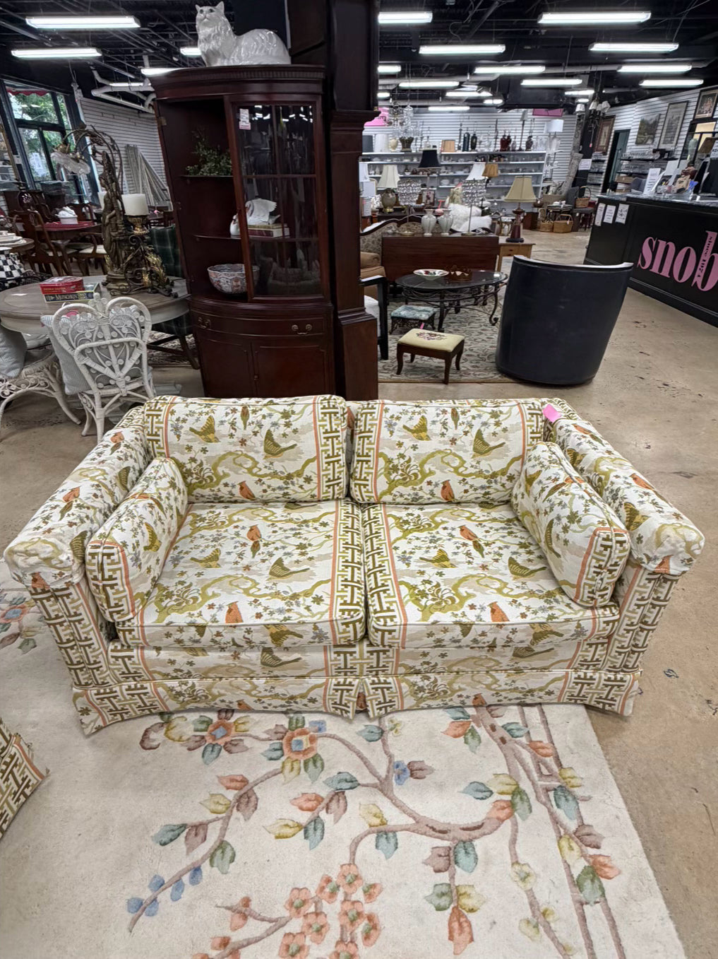 VINTAGE Cream, Gold, Green & Rust Birds Love Seat w/ 2 Cushions