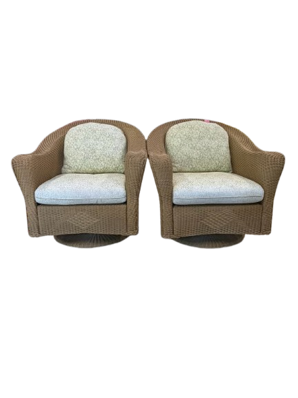 LOYD LOOM Carmel Wicker Pair Swivel Outdoor Chairs w/ Cushions