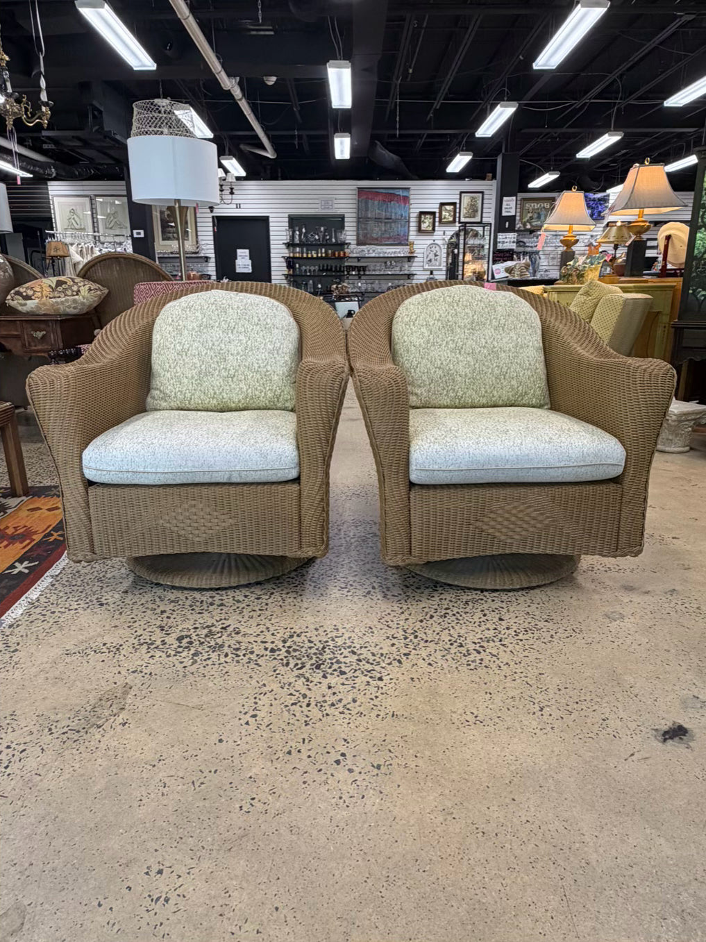 LOYD LOOM Carmel Wicker Pair Swivel Outdoor Chairs w/ Cushions