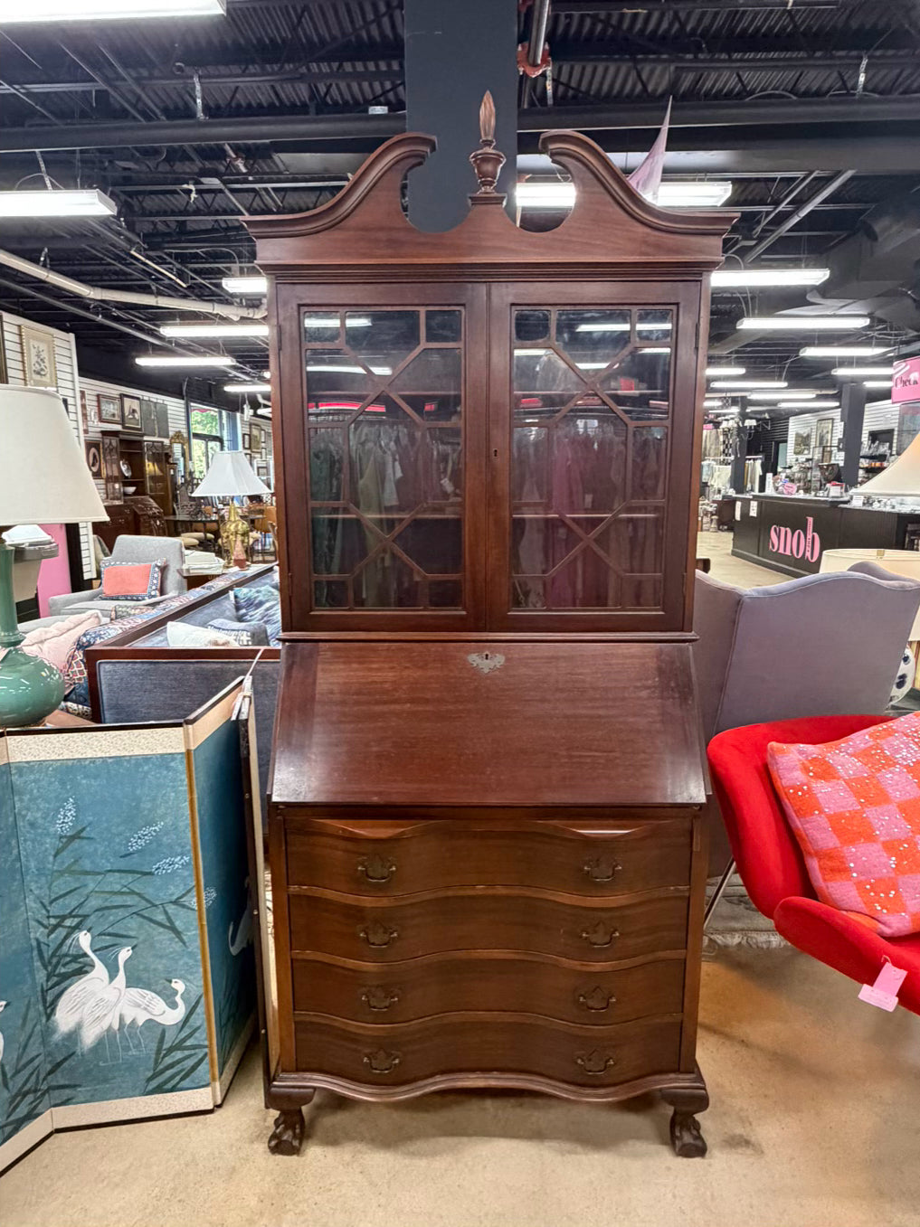 VINTAGE Dark Mahogany Secretary w/ Bookcase Top & Glass Doors