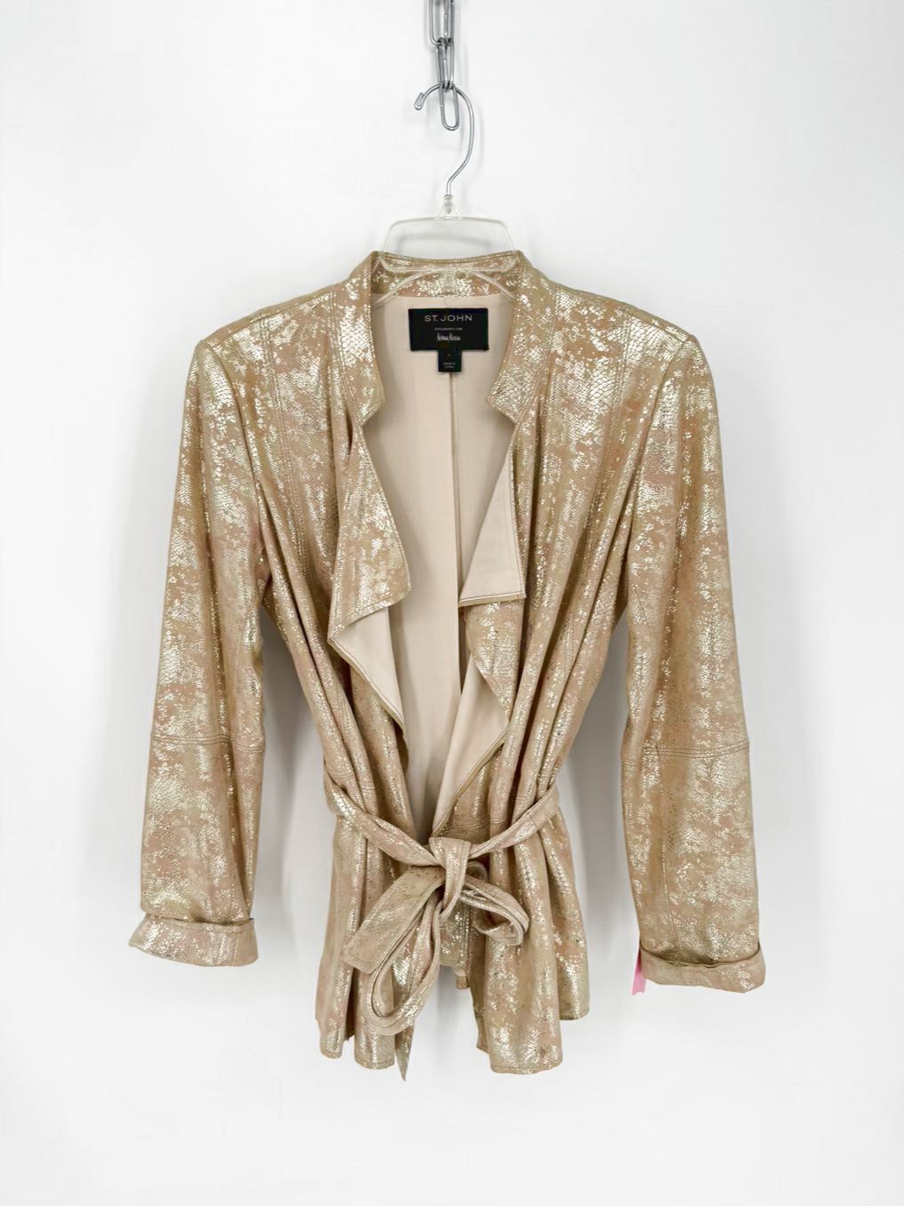ST JOHN Wmn's Size 4 Beige Silk Lining Snake Print Metallic Belted Jacket