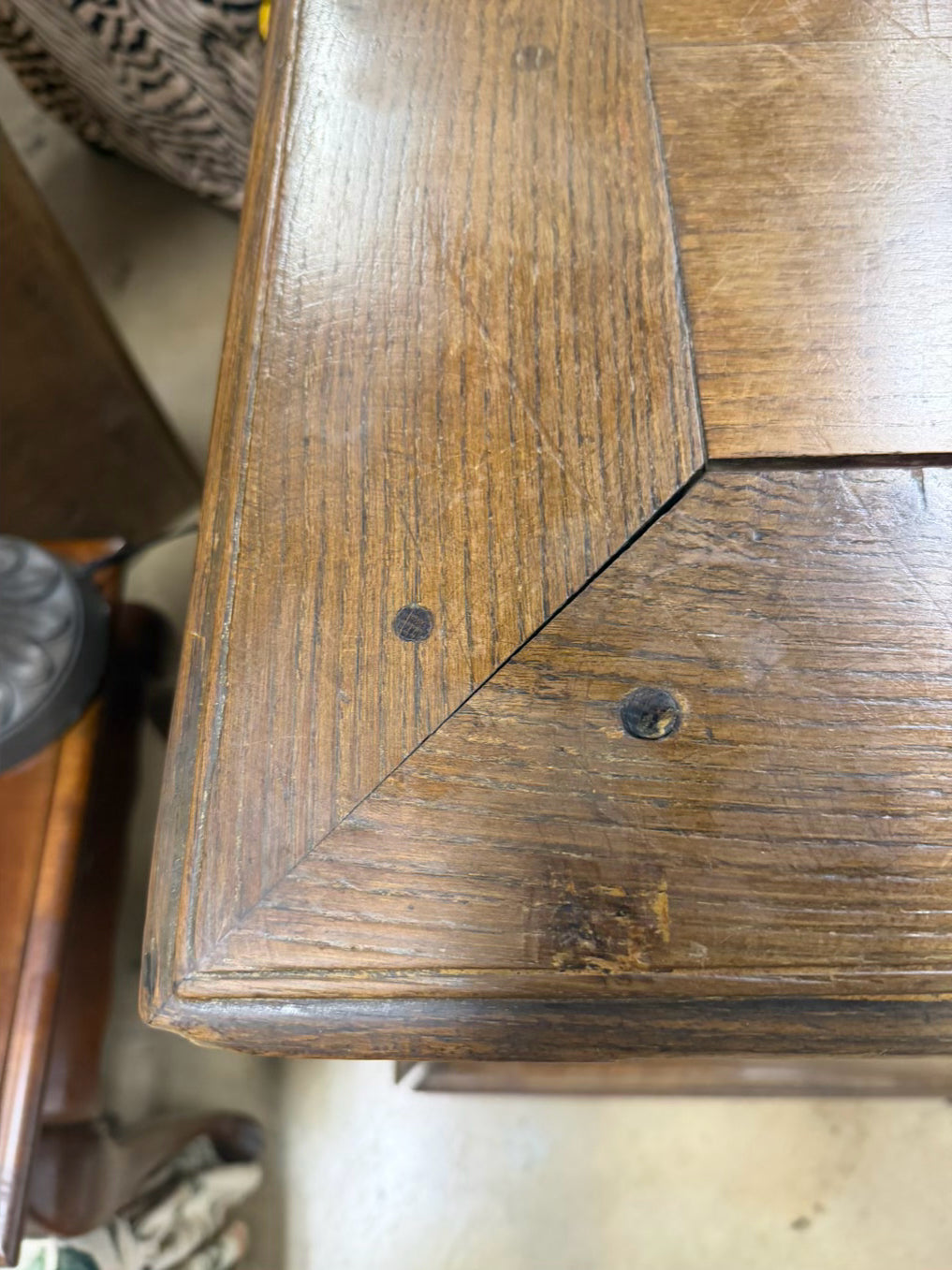 ANTIQUE Medium Dark Oak French Side Board w/ Large Brass Trim