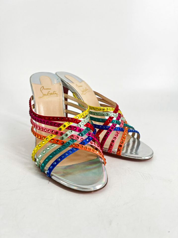 CHRISTIAN LOUBOUTIN Size 40 Multi Color Leather Marthastrass 100 Crystal Slide Pumps