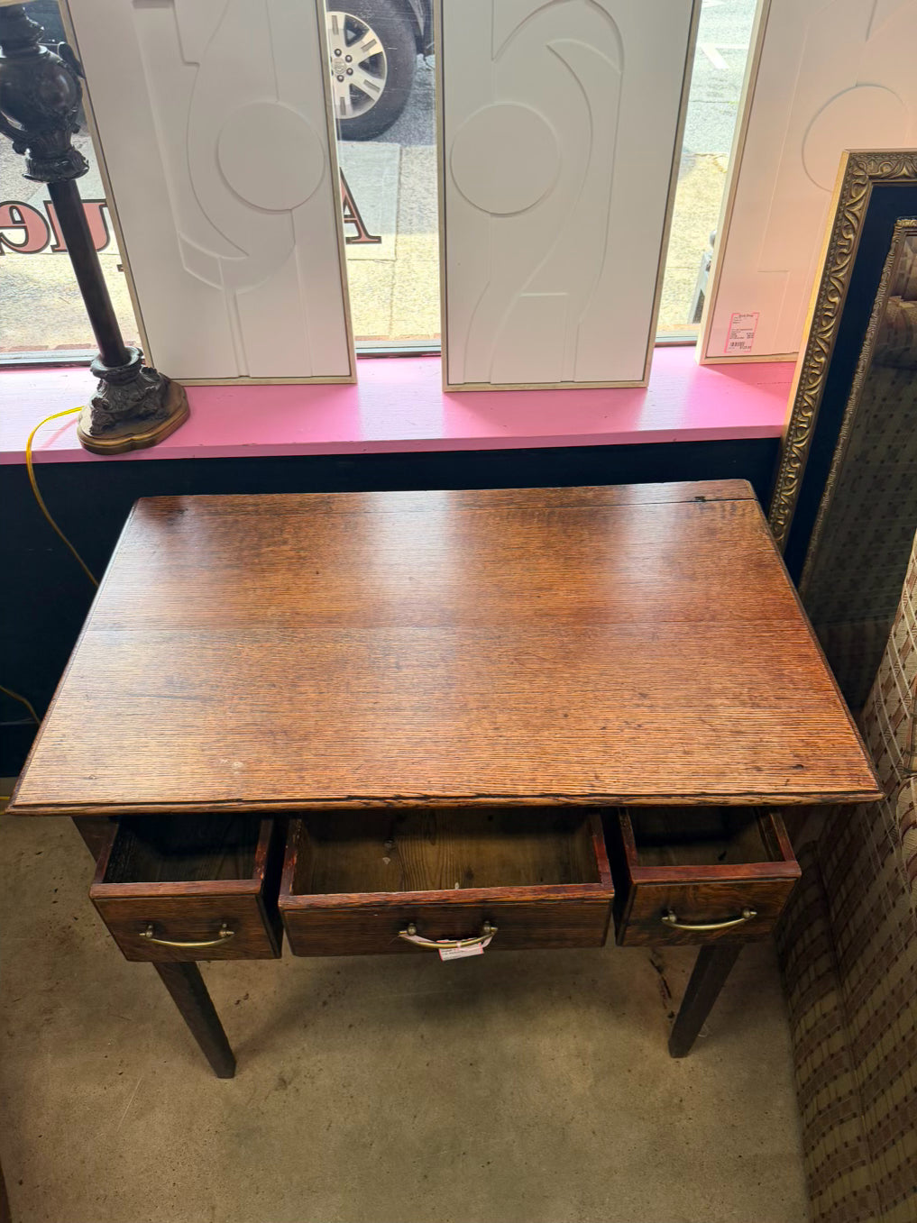 Medium Brown English Oak Occasional Table w/ 3 Drawers