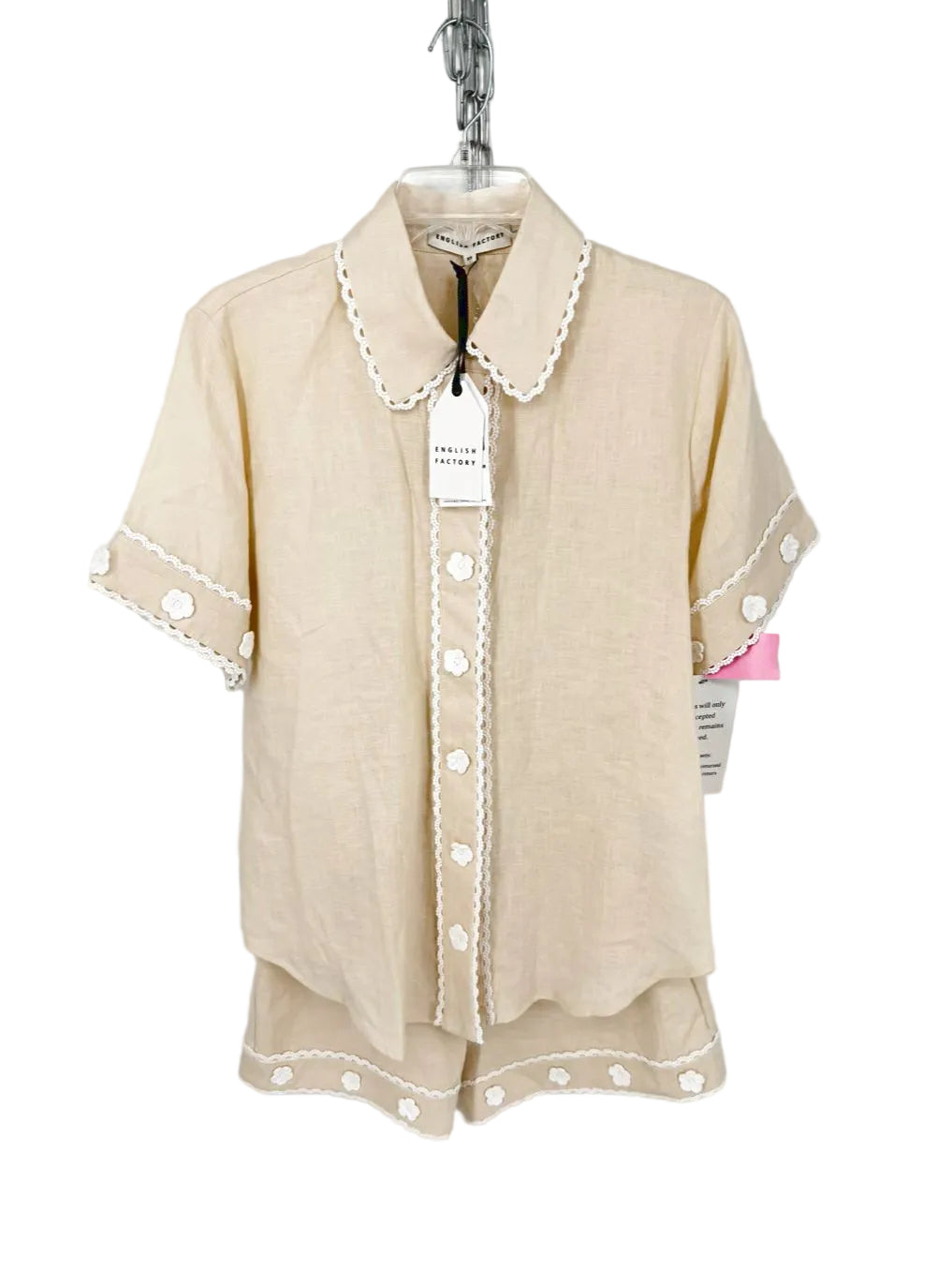 ENGLISH FACTORY Wmn's Size XS Beige & White Linen Floral Applique Shorts 2 Piece Set NWT