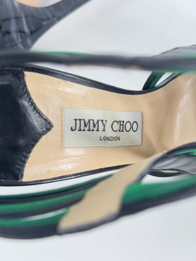 JIMMY CHOO Size 37.5 Green & Black Leather Strappy Pumps
