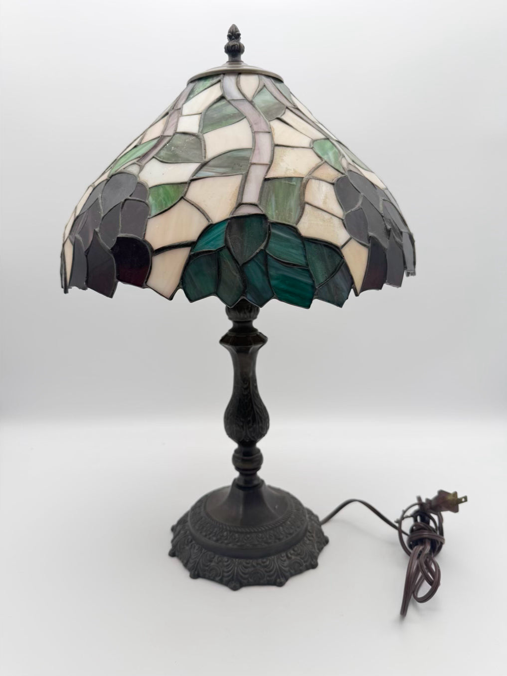 Tiffany Style Metal Lamp w/ Purple, Green & White Shade