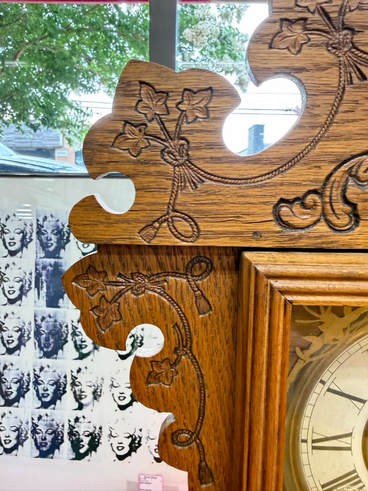 ANTIQUE Medium Oak Clock w/ Gold Bird Design