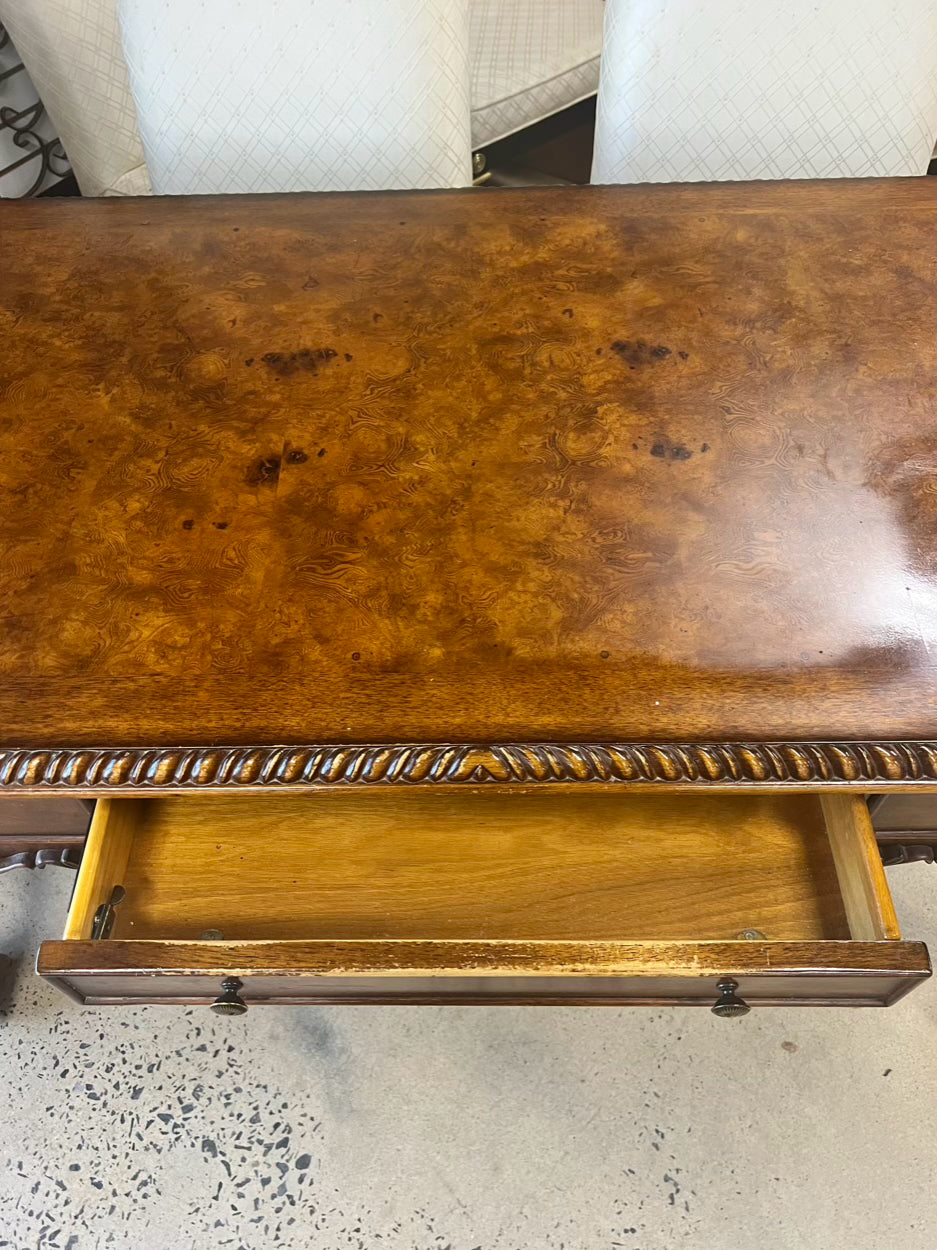 Medium Brown Carved Wood Writing Desk w/ 3 Drawers