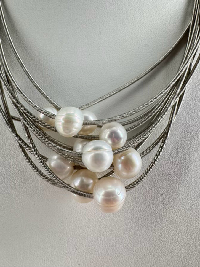 SEA LILY Multistrand Piano Wire & Pearl Magnetic Closure Necklace
