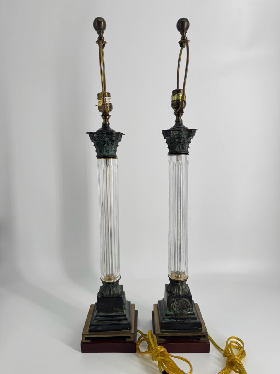 WILDWOOD Brass, Glass & Wood Column Pair of Lamps