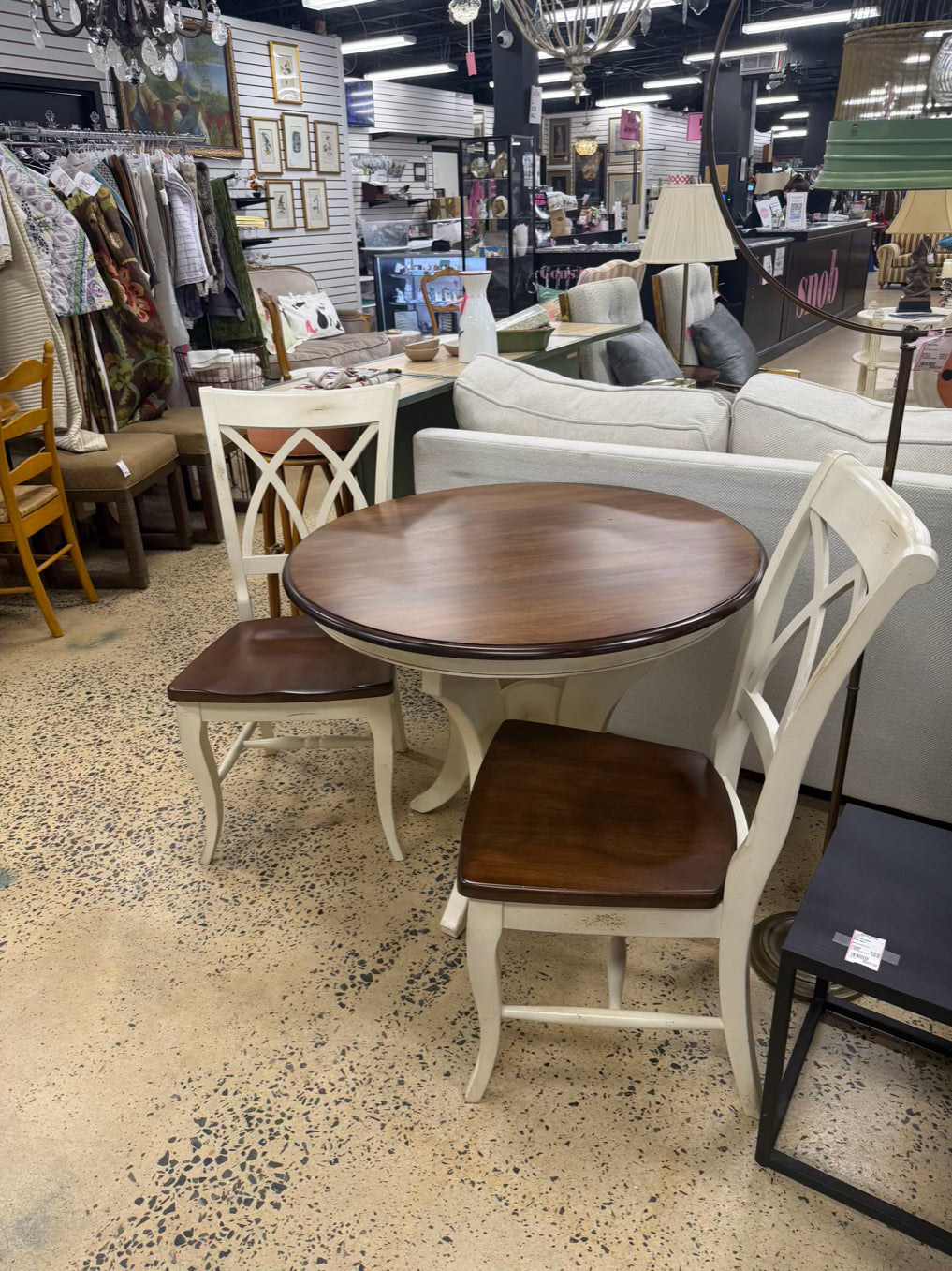 Brown & White Wood Round Table & 2 Chairs