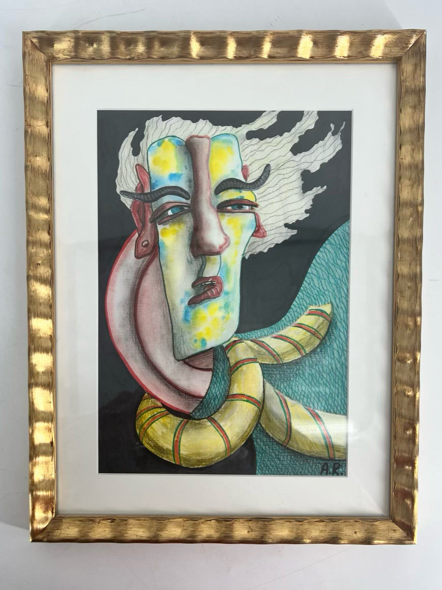 ANNA RESHETNIKOVA Surrealism Drawing in Gold Frame