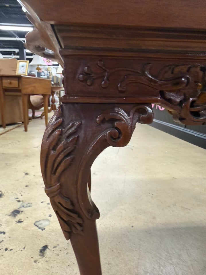 ANTIQUE Queen Ann Wood Carved Coffee Table w/ Removable Glass Serving Tray