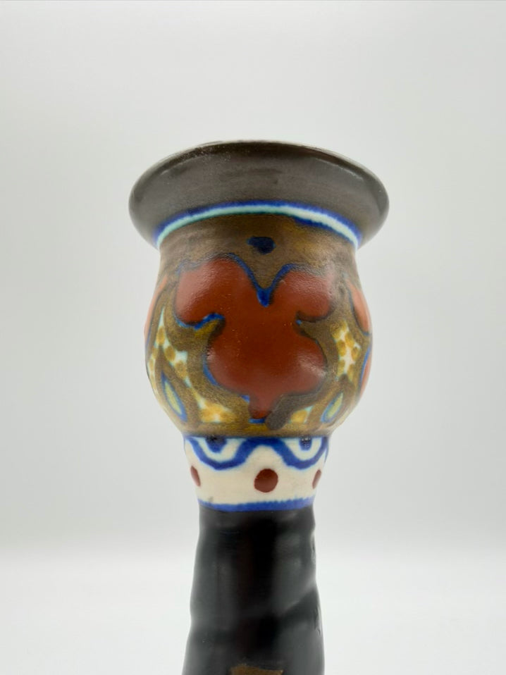 ANTIQUE HOLLAND Gouda Brown, Blue & Orange Pottery Pair Of Candleholders