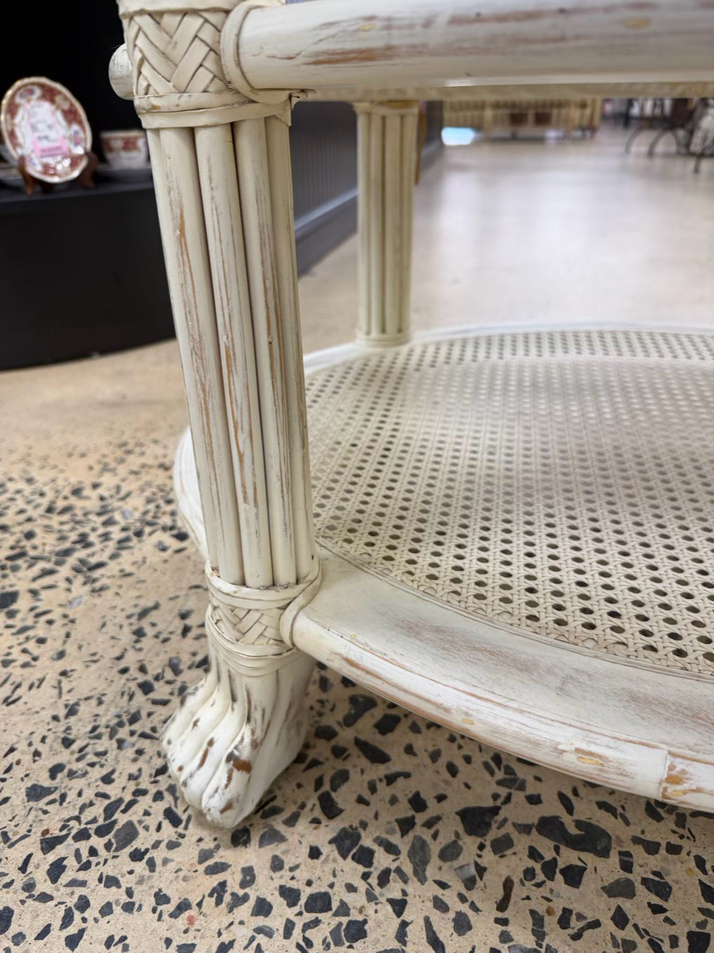 White Wood Occasional 3 Tier Table w/ Cane Shelves