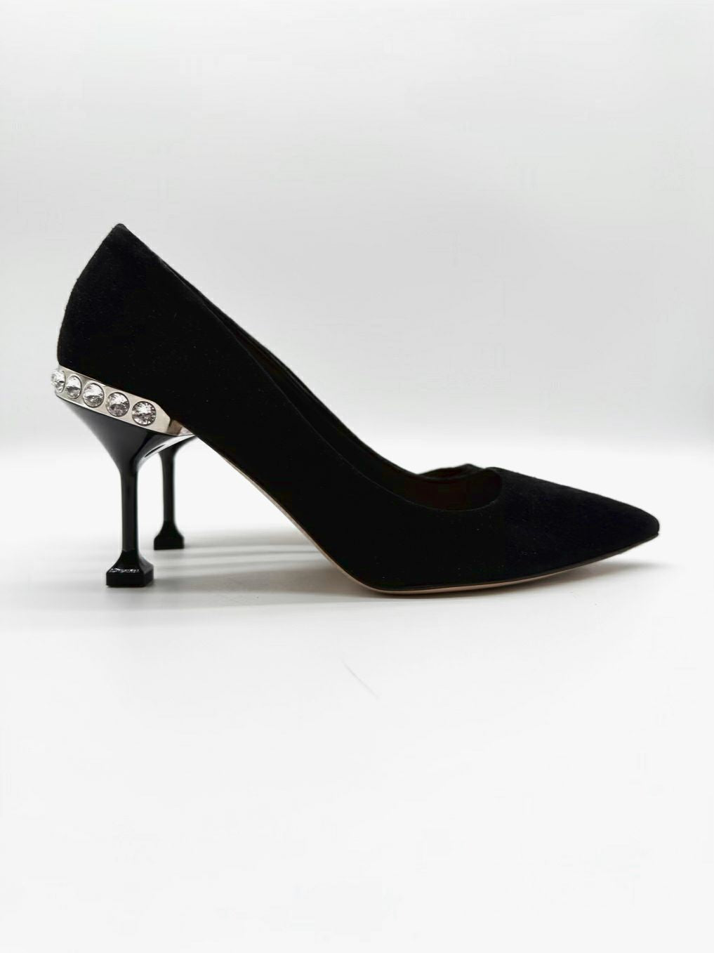 miu miu Size 8.5 Black Leather Crystal Detail Kitten heels