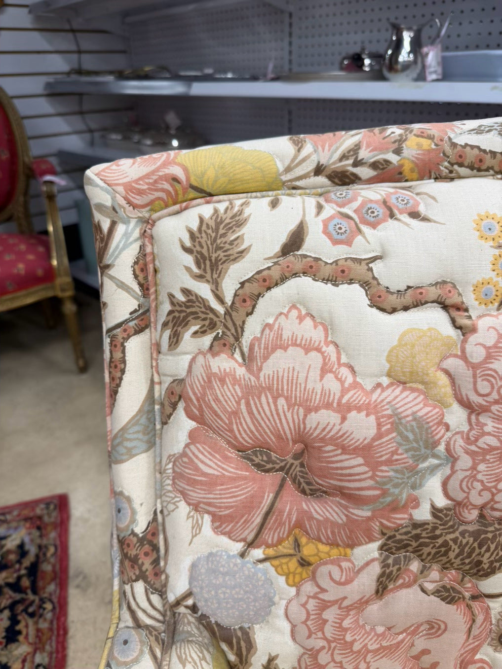 VINTAGE Cream, Shrimp & Tan Floral Quilted Love Seat
