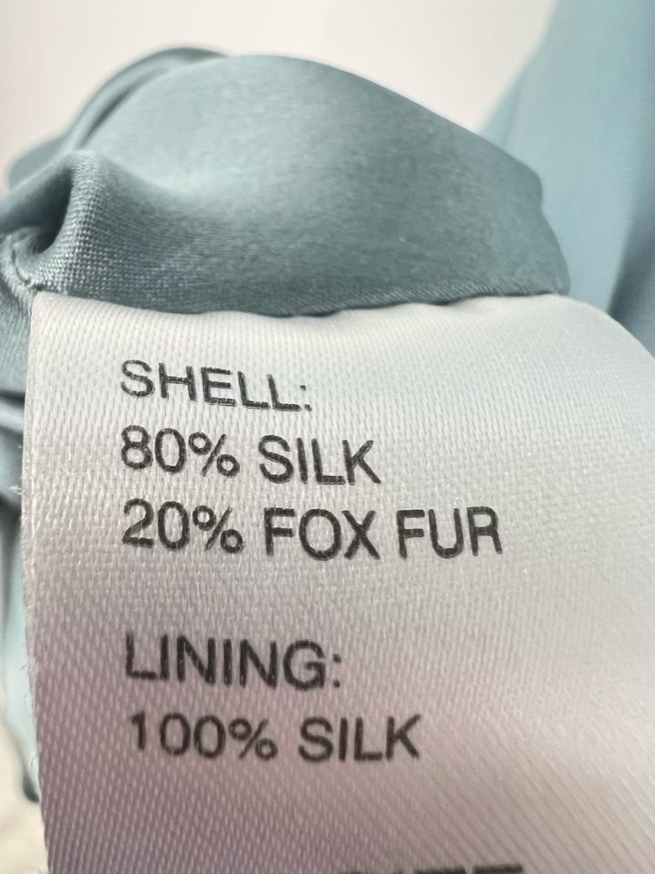 BELLVILLE SASSOON by LORCAN MULLANY Size 10 Ice Blue Fox Fur Silk Evening Gown