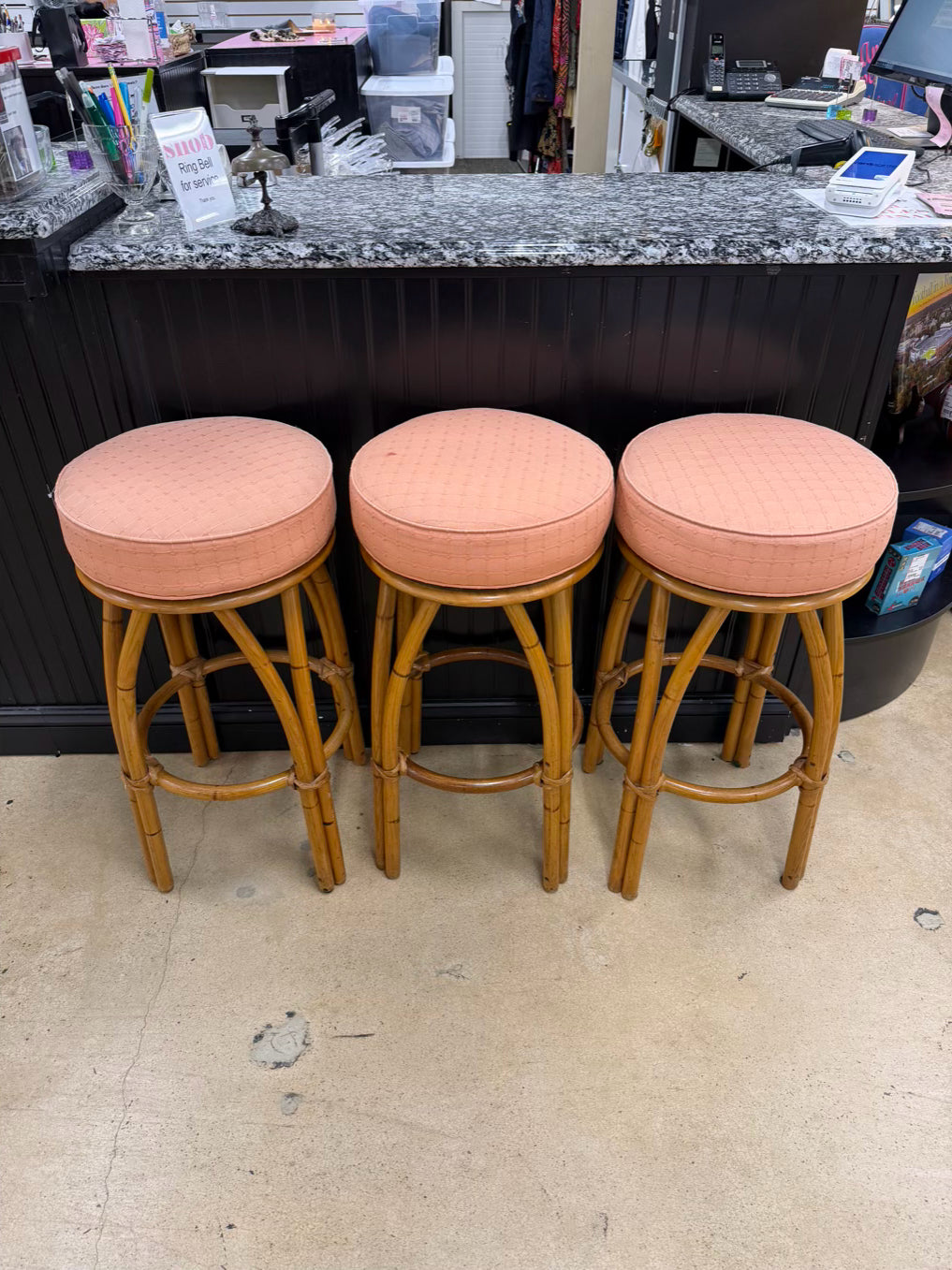 VINTAGE Natural Swivel Bamboo Set Of 3 Bar Stools w/ Fabric Seats