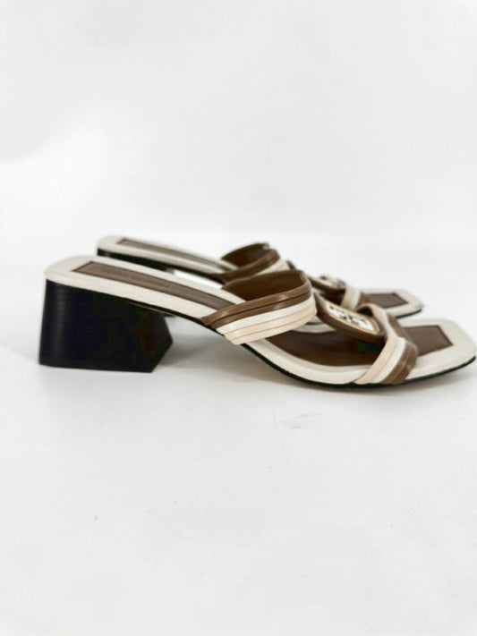 TORY BURCH Size 8.5 Brown & Cream Leather Logo Kitten Heels