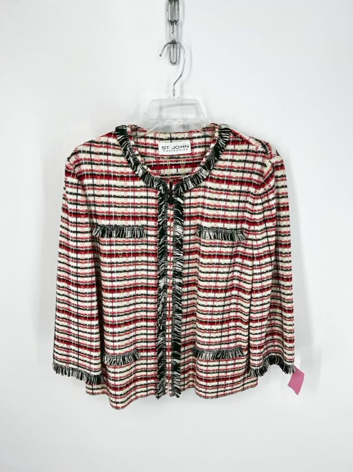 ST JOHN Size L Coral & Black Knit Fringe Jacket