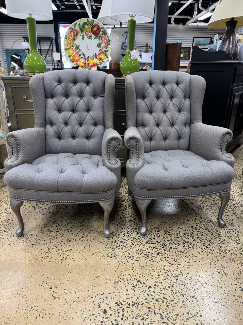 Gray Tufted Wingback Pair of Chairs