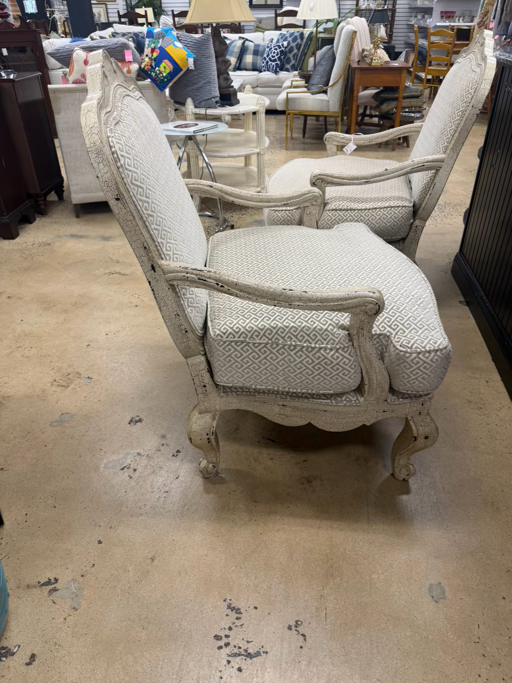 Cream Crackle Louis XV Oversized Pair Of Chairs w/ Taupe & White Fabric
