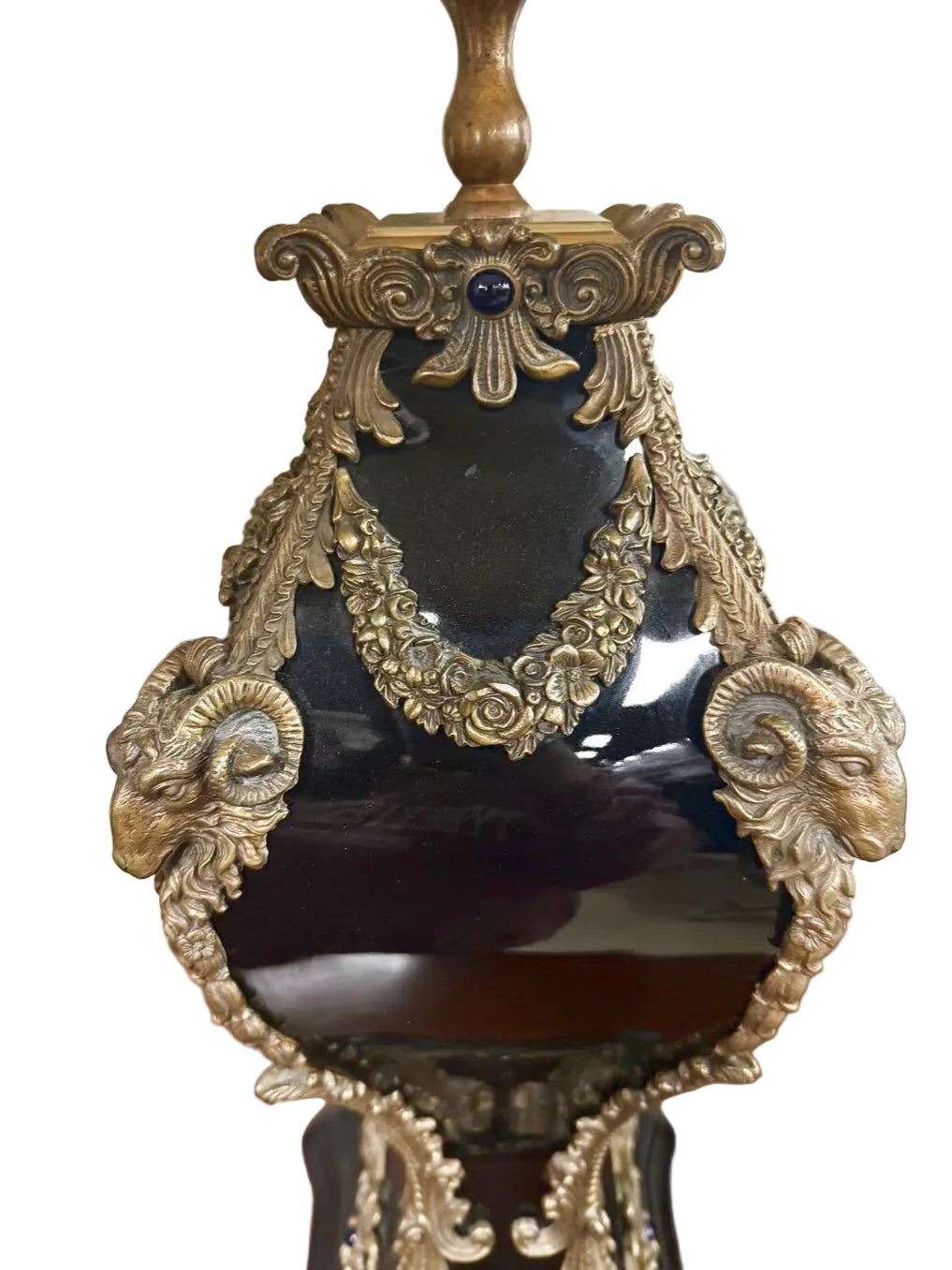 CASTILLIAN IMPORTS Black & Gilt Cast Metal Neo Classical Pair Of Rams Heads Lamps w/ Cream Silk Shades