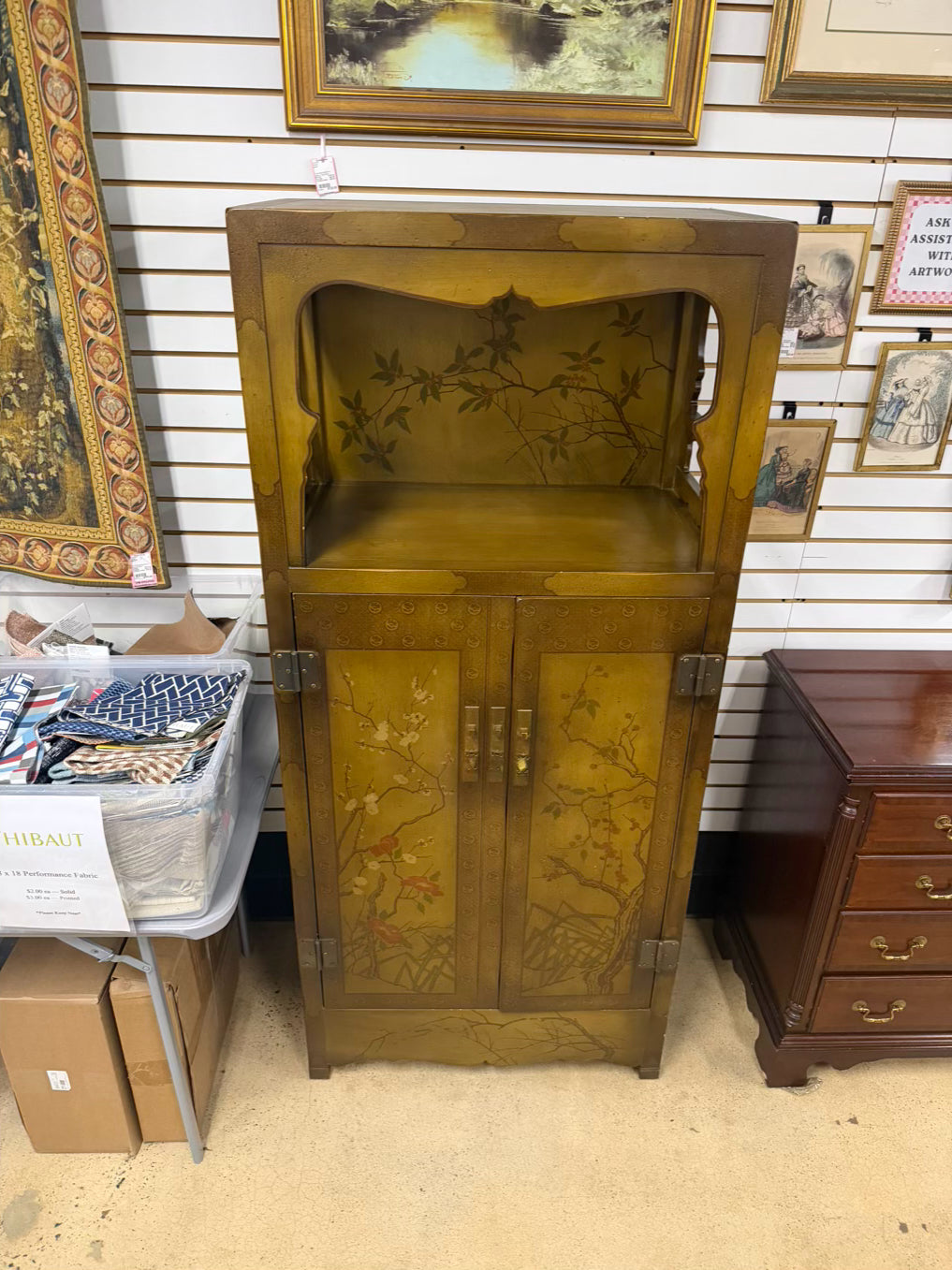 Gold & Red Wood Asian Inspired Tree Cabinet w/ Open Upper Shelf