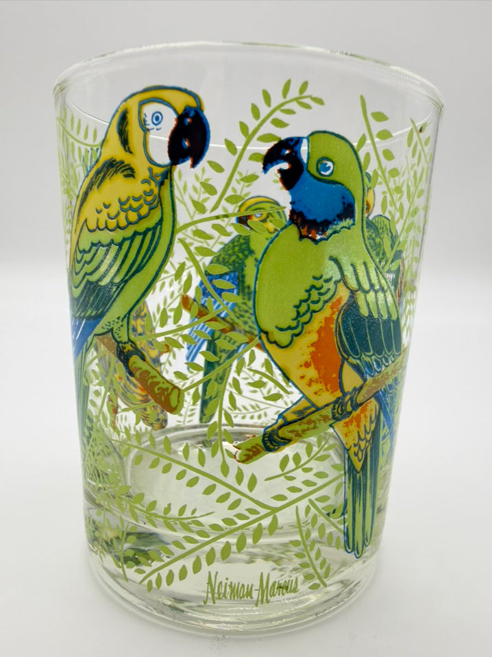 VINTAGE NEIMAN MARCUS Clear, Green & Yellow Set of 6 Tropical Parrot Glasses