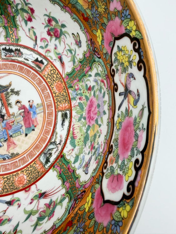 Rose Medallion Porcelain Large Bowl w/ Brass Bowl Holder