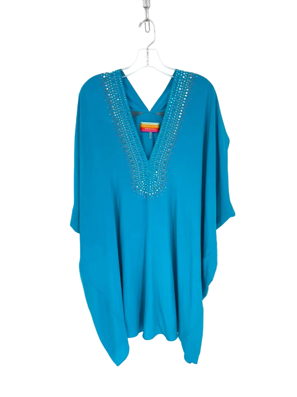 TRINA TURK Size L Turquoise Silk Stud Detail Kaftan