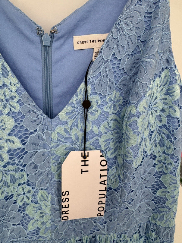DRESS THE POPULATION Size L Sky Blue Mesh Floral Maxi-Dress NWT