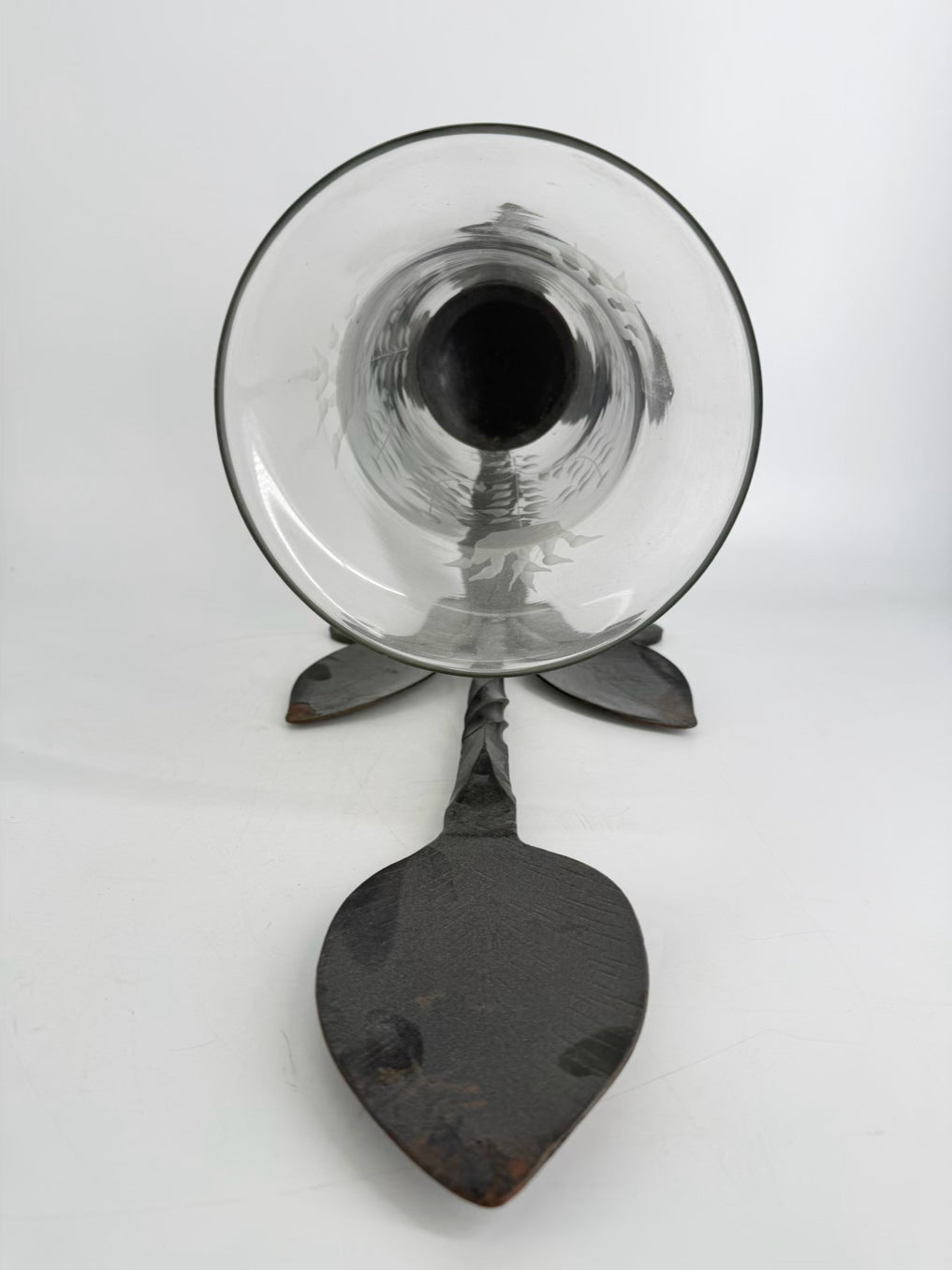 Black Glass & Wrought Iron Leaf Pair Of Candle Sconces