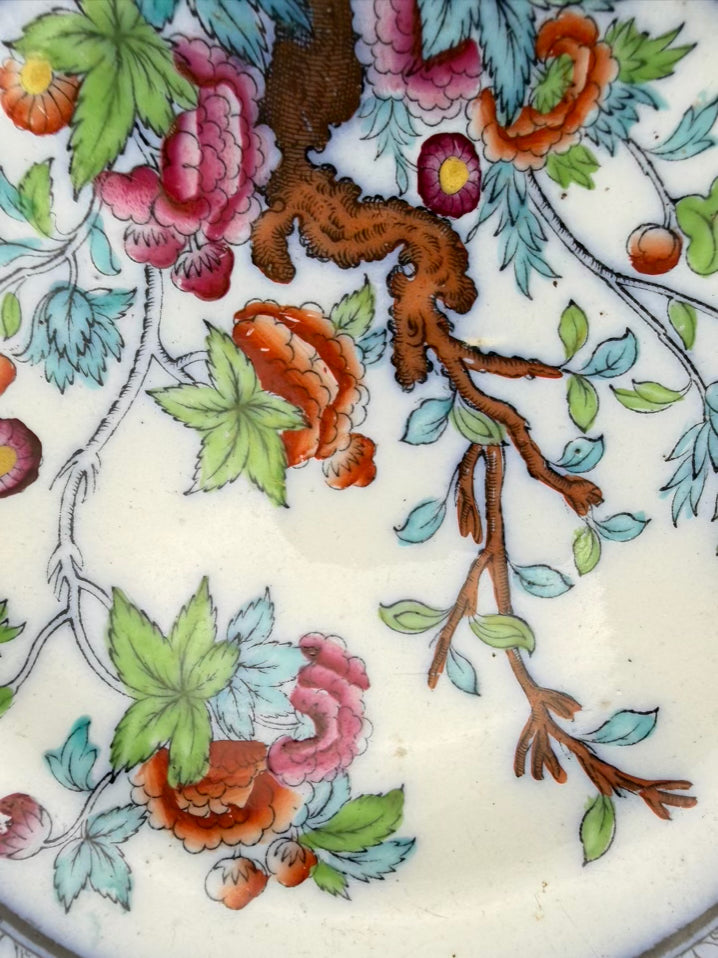 Blue, White & Pink Porcelain Floral Decorative Footed Plate