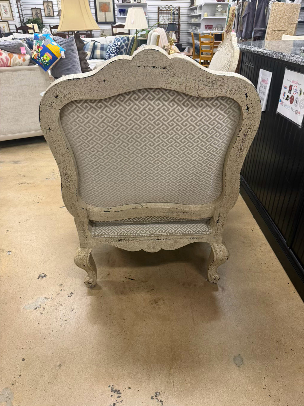 Cream Crackle Louis XV Oversized Pair Of Chairs w/ Taupe & White Fabric