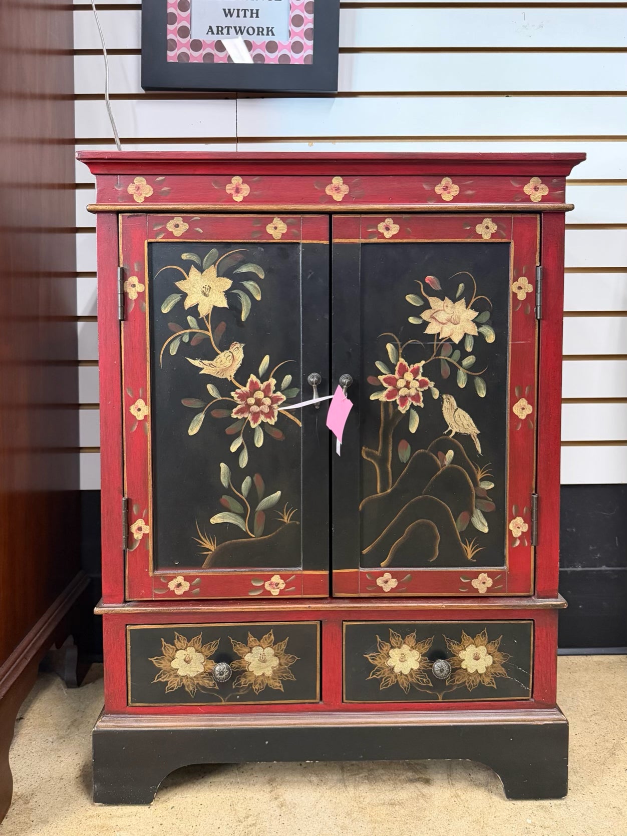 Black & Red Asian Inspired Painted Cabinet w/ 2 Drawers