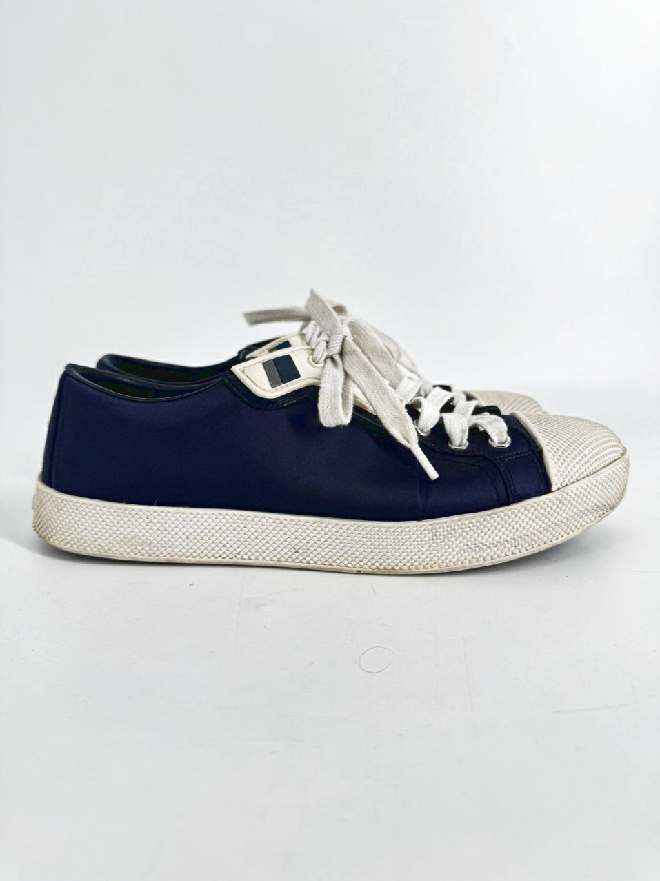 PRADA Size 38 Navy Satin Sneakers