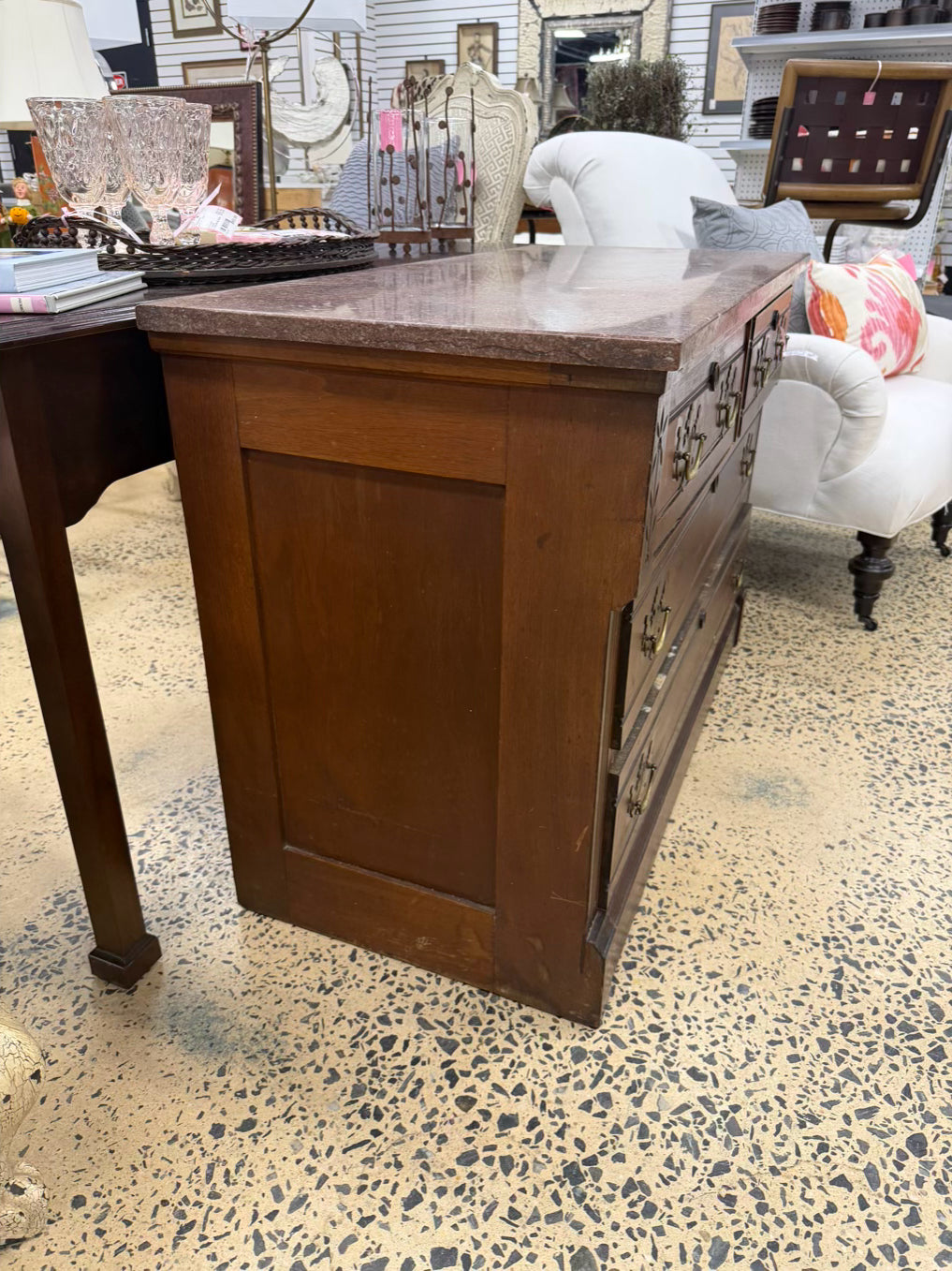 Victorian Wood 3 Drawer Chest w/ Pink Marble Top