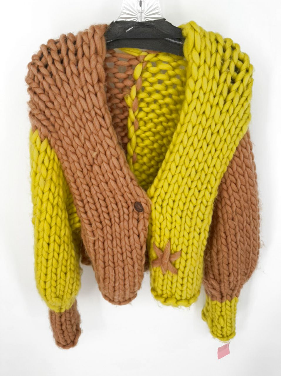 Size S Handmade Chartreuse & Tan Knit Cardigan