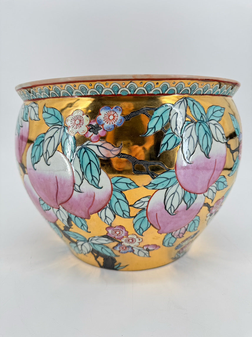 Pink & Aqua Porcelain Fish Planter on Wooden Stand