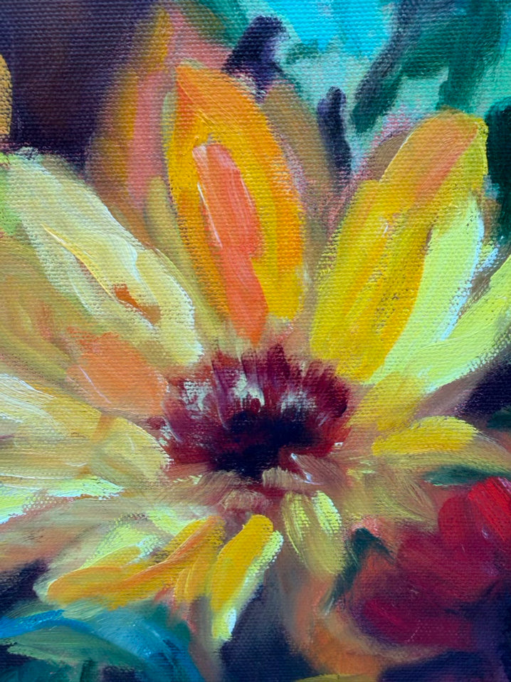 SIGNED CAROL WILLIS Black Eyed Susan's Oil Painting In Gold Frame