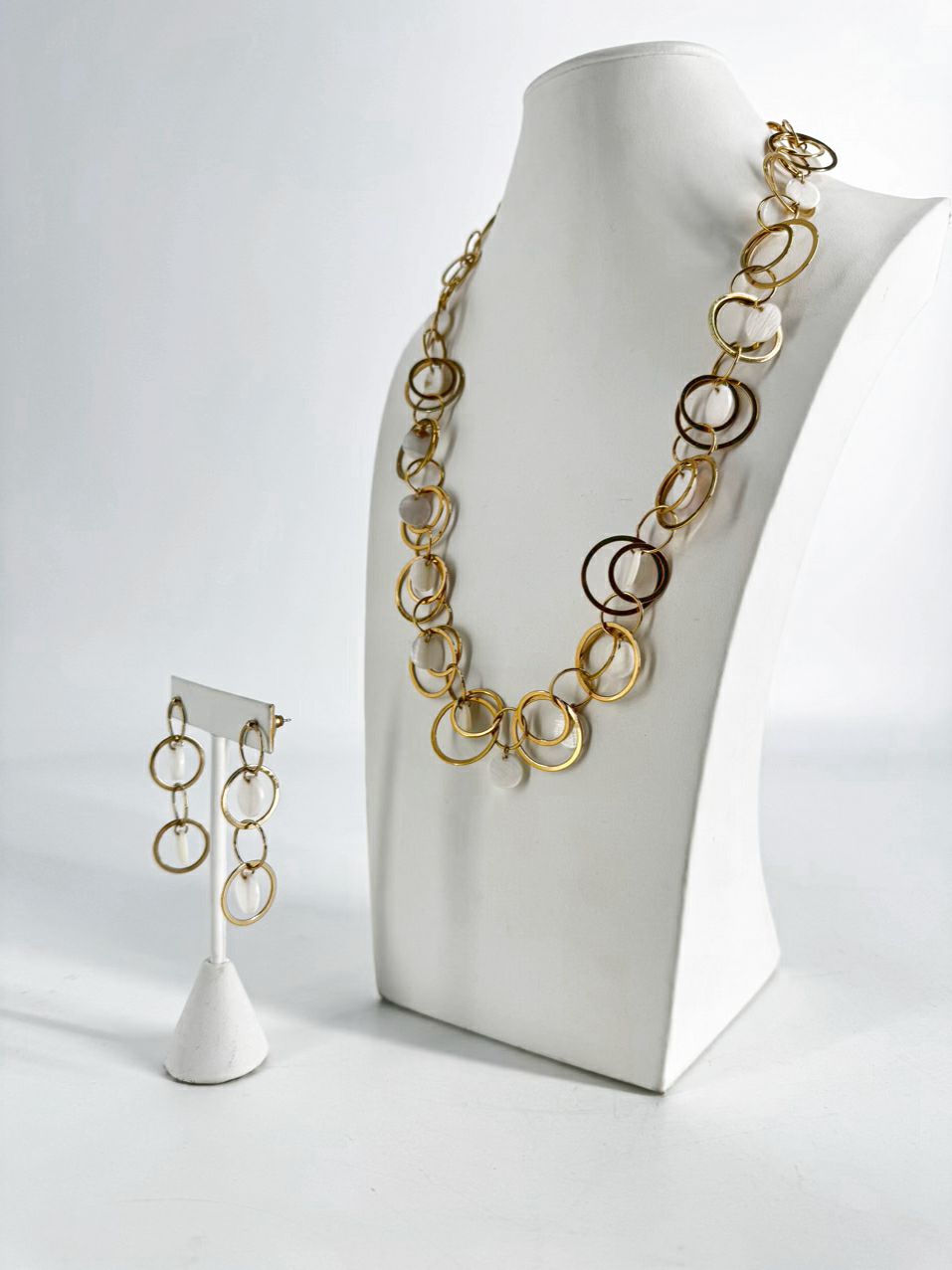 KENNETH JAY LANE Gold Tone Mother Of Pearl Disc Dangle Necklace & Earring Set